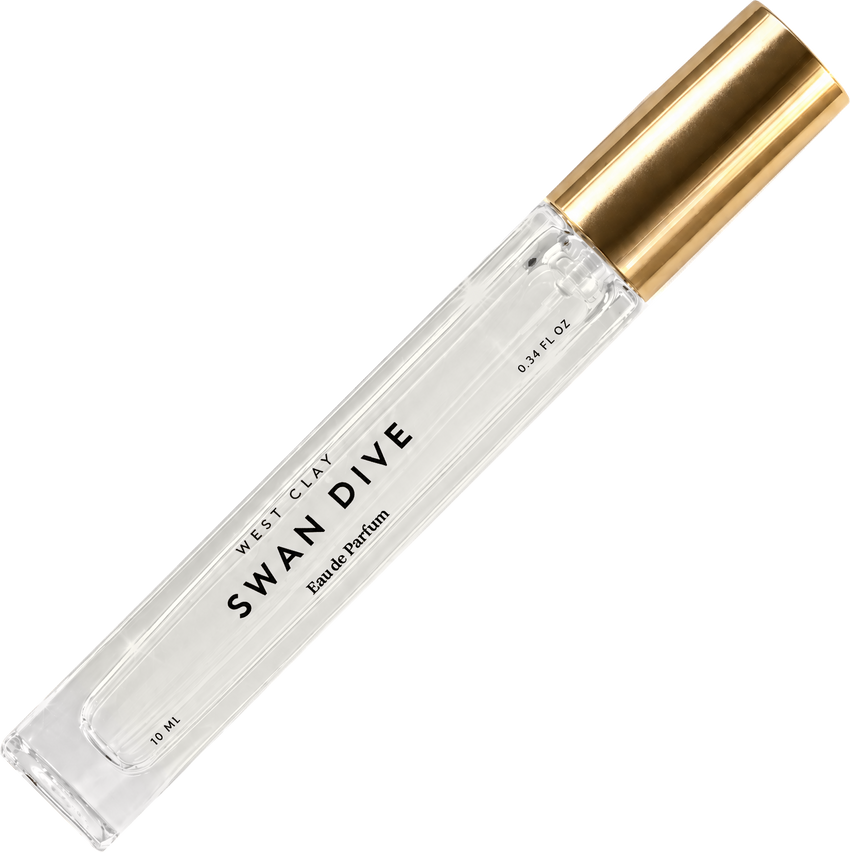 Swan Dive Eau de Parfum by West Clay, 10 mL transparent travel bottle