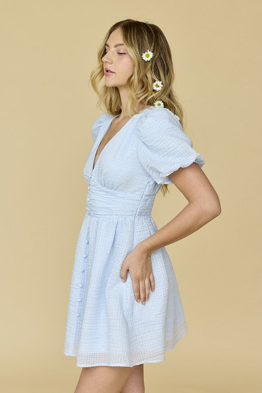 Mia Textured Woven V-Neck Puff Sleeve Mini Dress