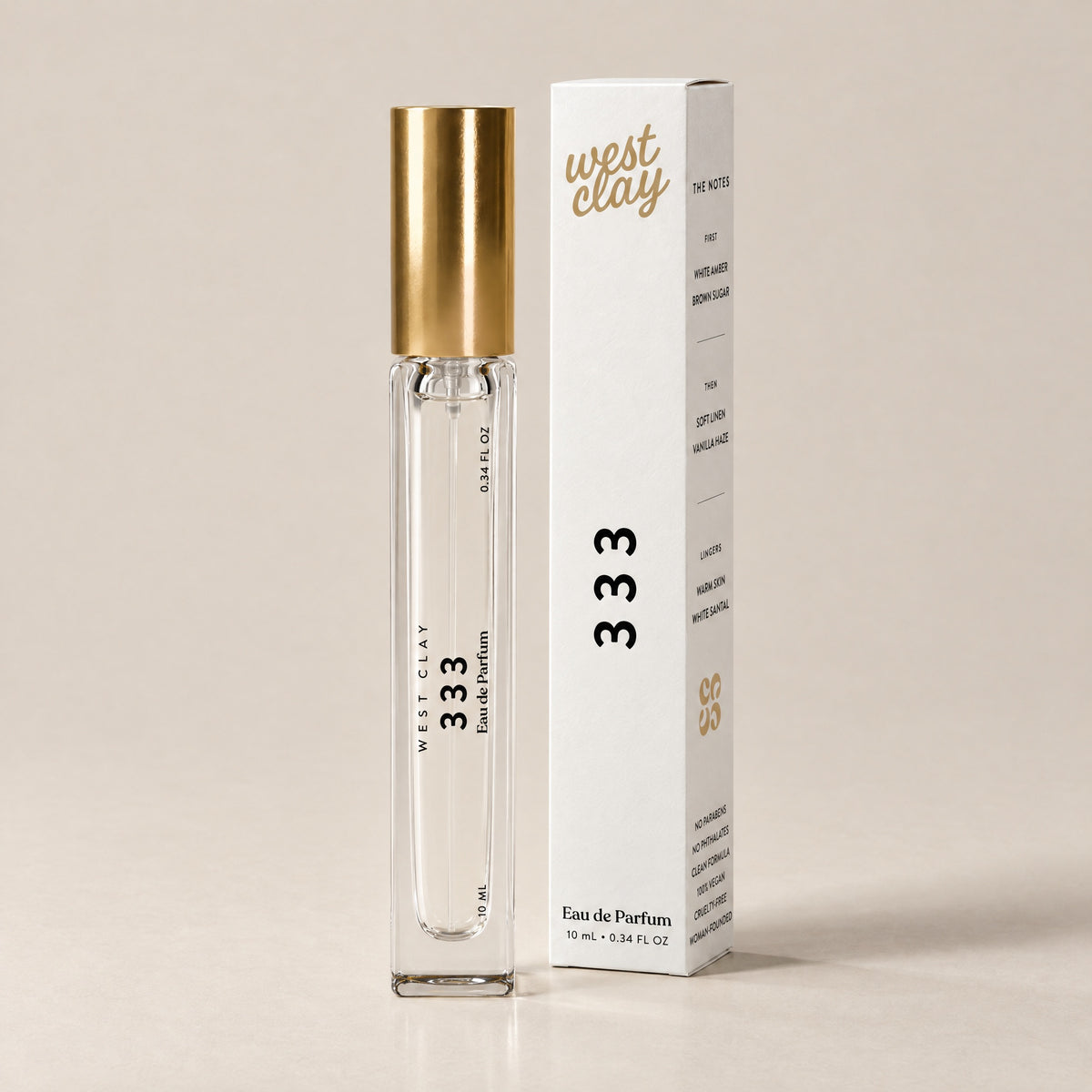 333 Eau de Parfum by West Clay, 10 mL travel size vial and box studio photo