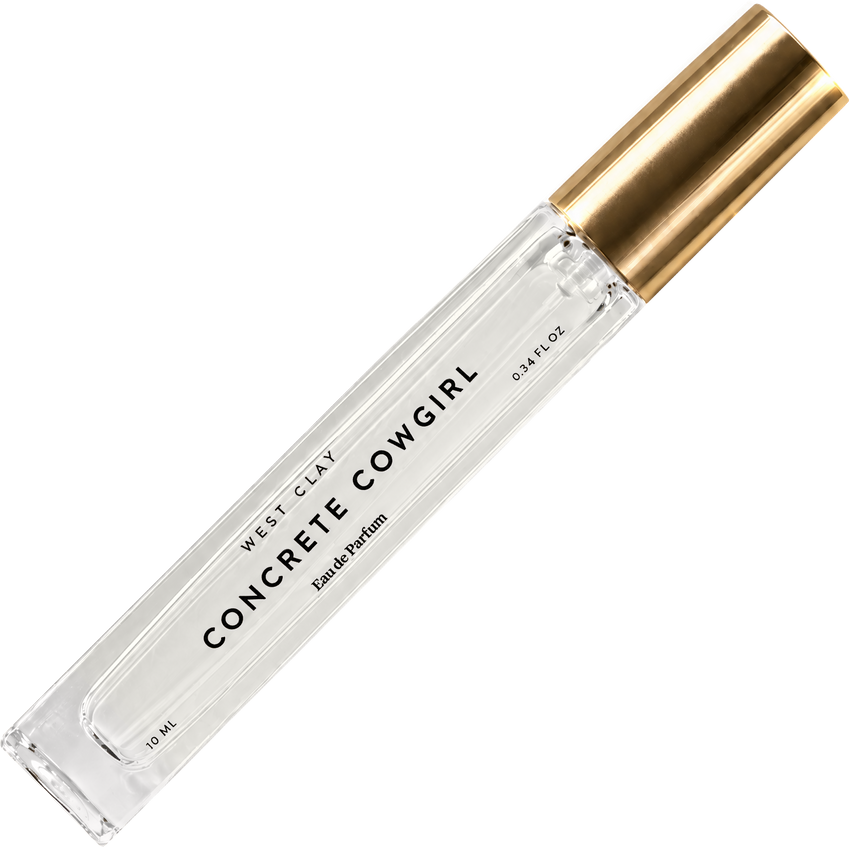 Concrete Cowgirl Eau de Parfum by West Clay, 10 mL transparent travel bottle