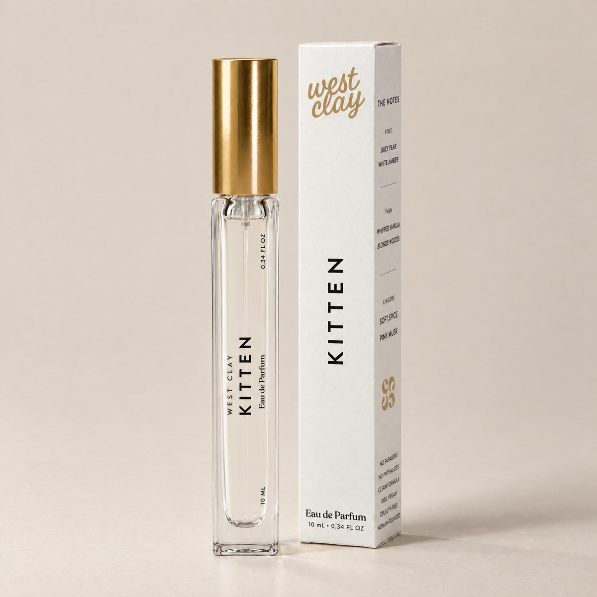 Kitten Eau de Parfum by West Clay, 10 mL travel size vial and box studio photo