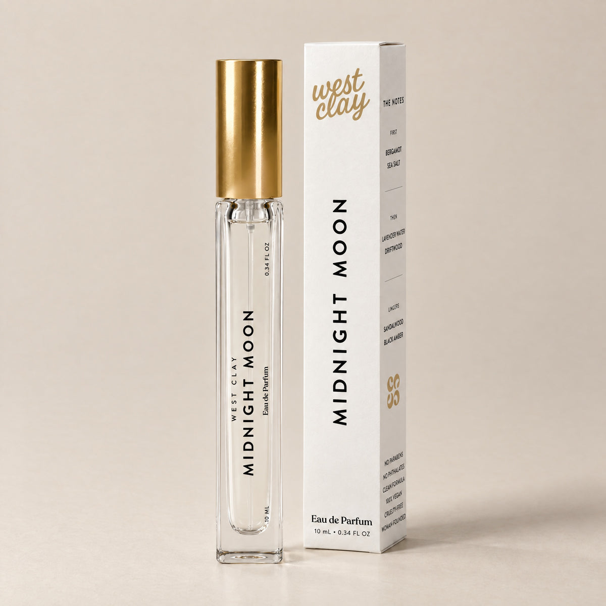 Midnight Moon Eau de Parfum by West Clay, 10 mL travel size vial and box studio photo