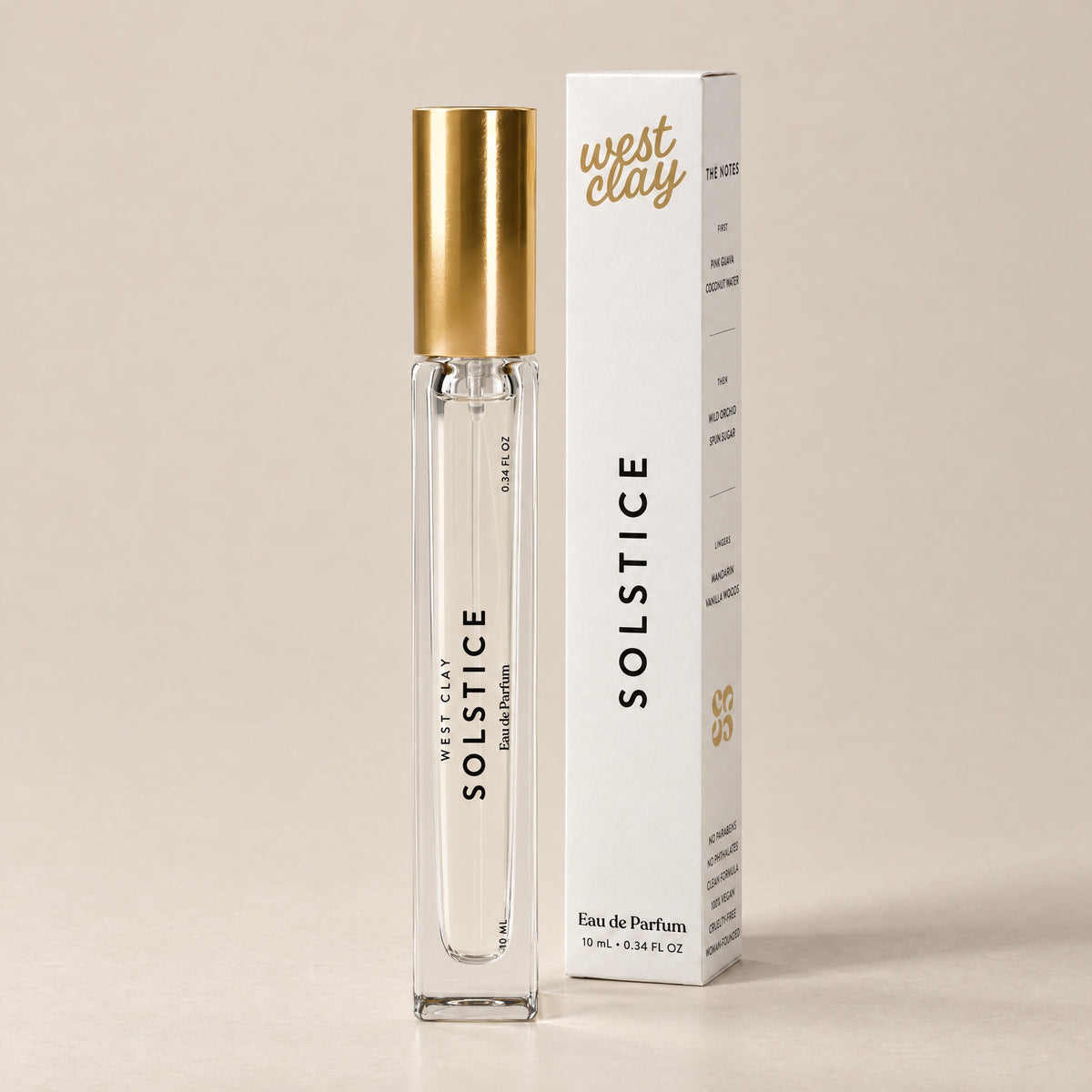 Solstice Eau de Parfum by West Clay, 10 mL travel size vial and box studio photo