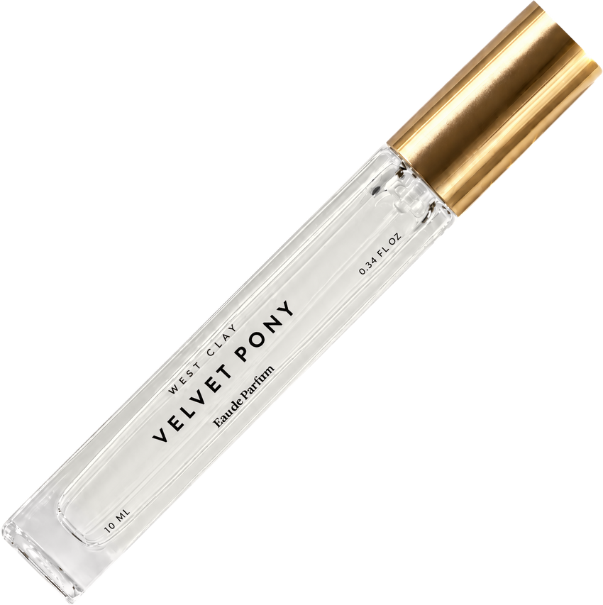 Velvet Pony Eau de Parfum by West Clay, 10 mL transparent travel bottle