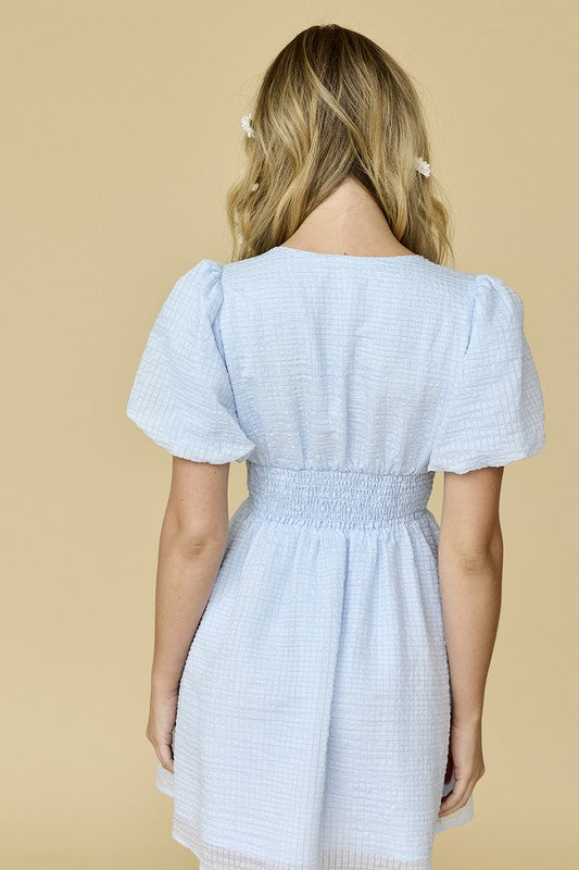 Mia Textured Woven V-Neck Puff Sleeve Mini Dress
