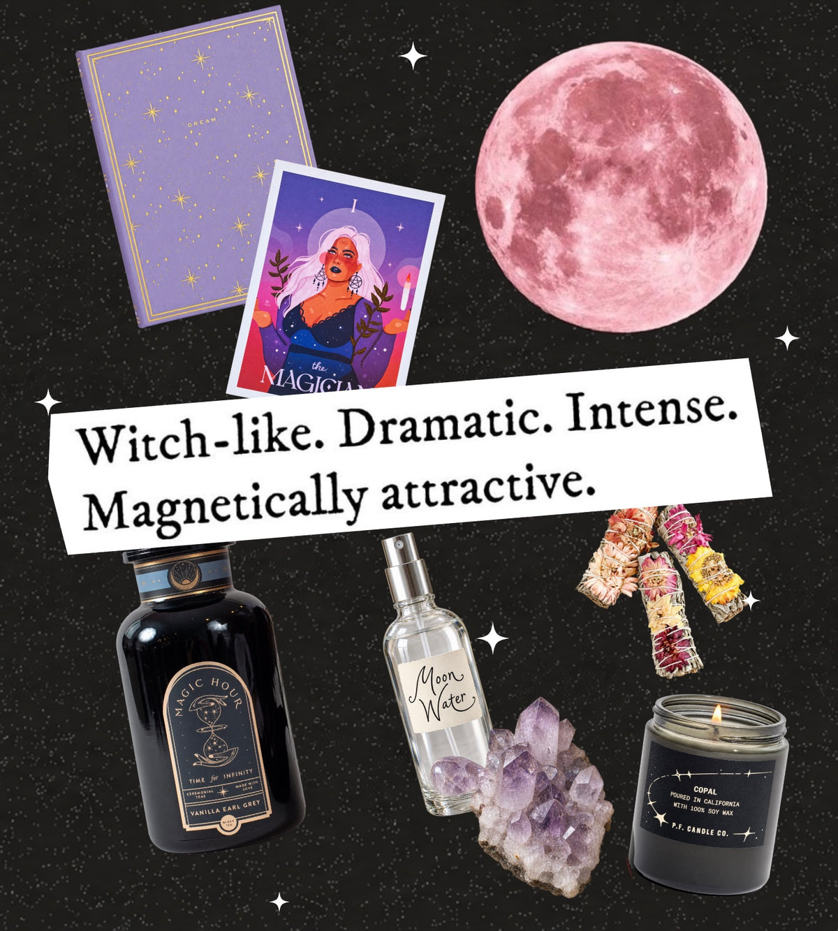 Pink moon and tiny ritual objects on a black sparkly background
